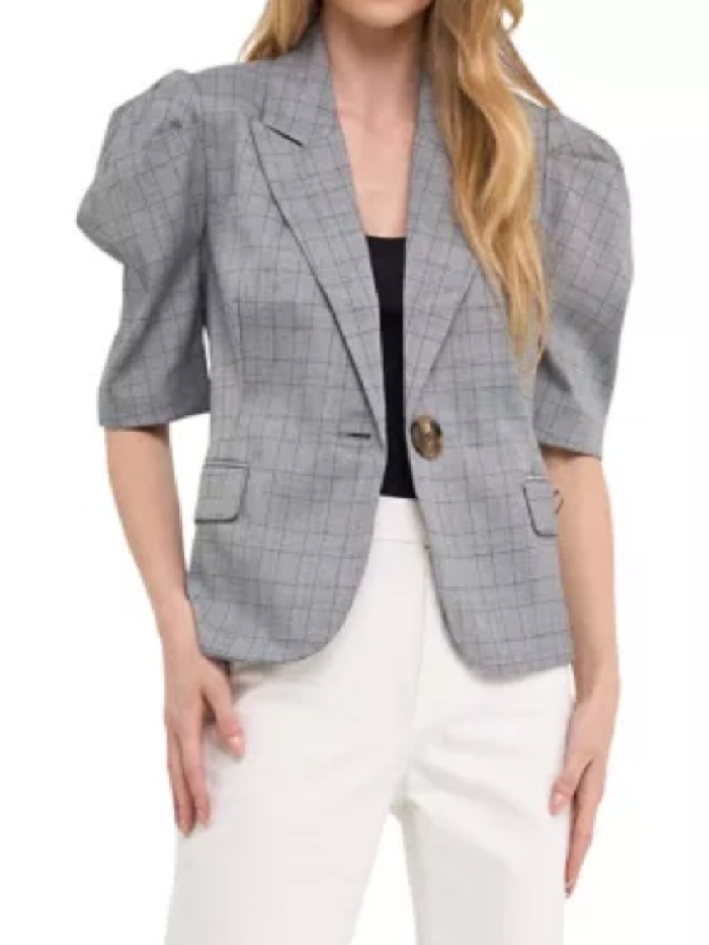 🦏 NEW English Factory Women’s Gray Plaid Puff-Sleeve Blazer Jacket Size L